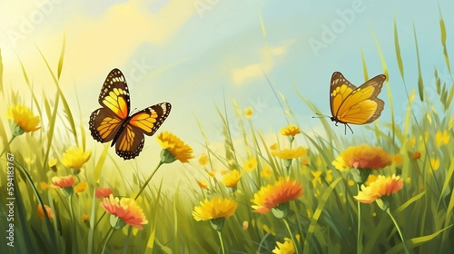Spring field with flowers and butterflies new quality universal colorful technology illustration design generative ai © Taisiia