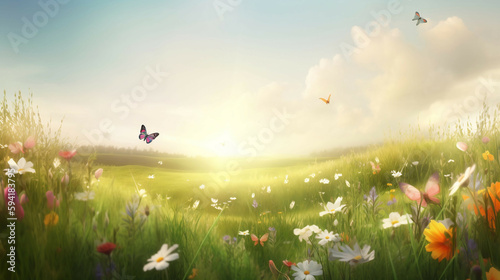 Spring field with flowers and butterflies new quality universal colorful technology illustration design generative ai