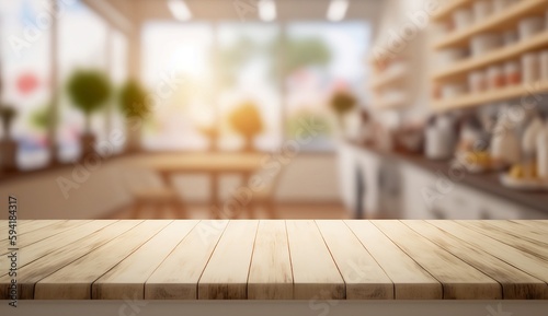 Empty wooden Table with bokeh kitchen background for product presentation. Created using generative AI. © Sun