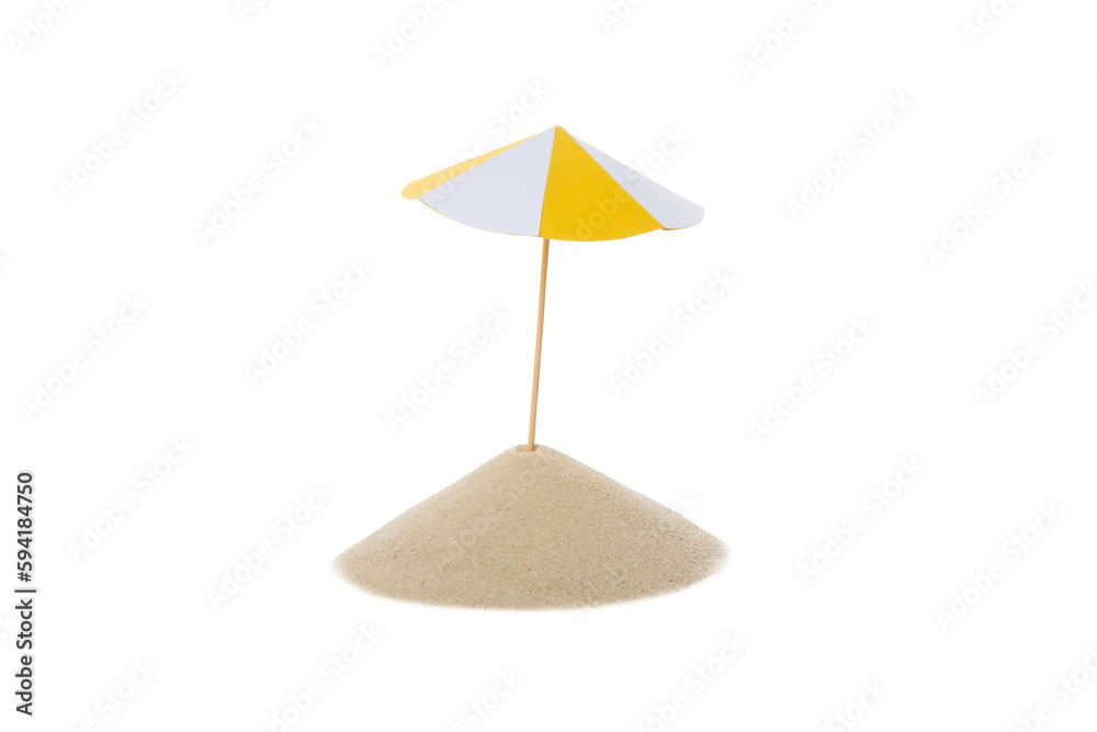Sand with beach umbrella isolated on white background