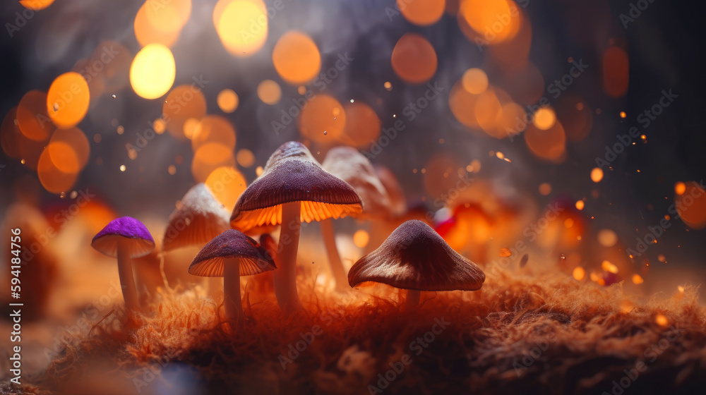 Fantasy color glowing mushrooms. generative ai. Fantasy color glowing mushrooms. generative ai.