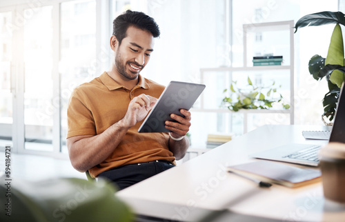 Business man, tablet and smile in office for productivity, professional planning and internet research. Happy male worker, digital technology and scroll app on website, online information and insight