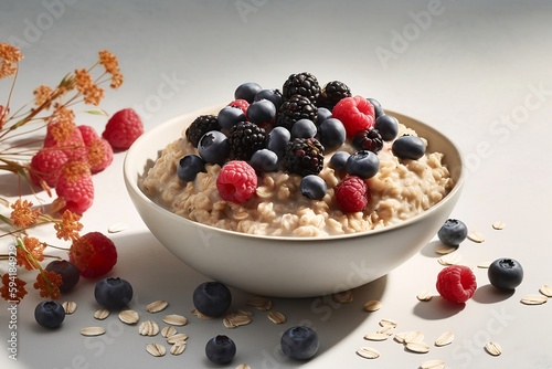 Bowl of oatmeal porridge with summer berries on light table. Clean eating, dieting, weight loss concept. Gray background. Image is AI generated.