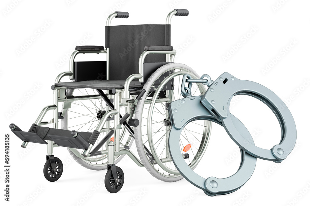 Fototapeta premium Handcuffs with manual wheelchair, 3D rendering