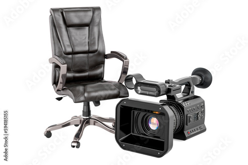 Professional video camera with office chair. 3D rendering