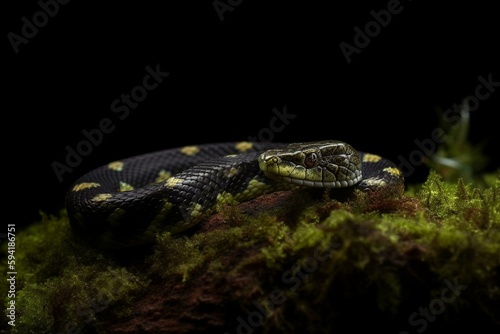 snake (Boiga cynodon) on moss (black) Up-close of a boiga cynodon snake Generative AI photo