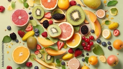 Generative AI  luminous background filled with various types of fruits.