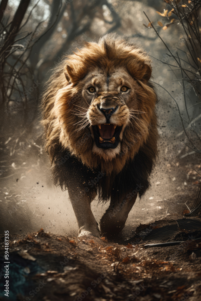Obraz premium Wild lion roaring aggressively. Jungle forest savannah running generative ai