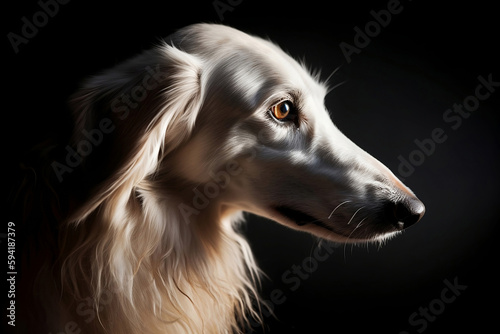Side view of head of long haired white Saluki dog. Generative AI illustration