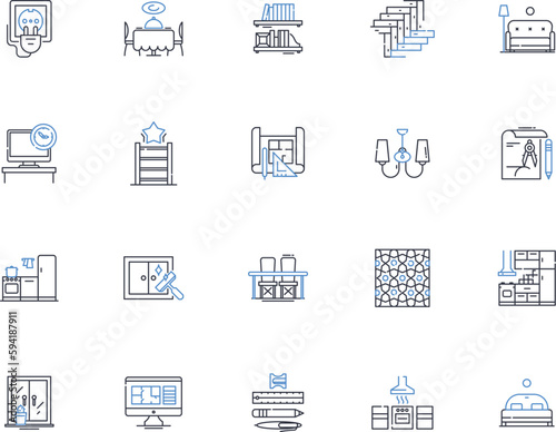 Industrial design line icons collection. Ergonomics, Aesthetics, Functionality, Innovation, Sustainability, Prototyping, D modeling vector and linear illustration. Materials,Manufacturing,User-centric