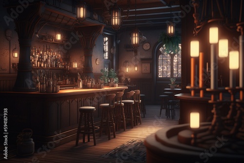 Valokuva medieval tavern inn bar with a large open fireplace, Generative Ai