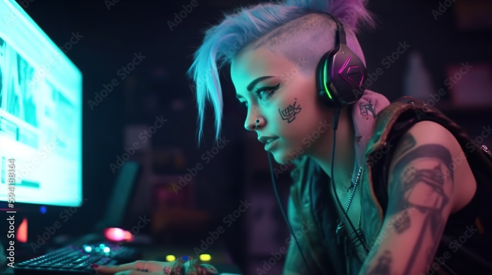 Generative AI, young woman playing video games in a room with neon light. Generative AI, young woman playing video games in a room with neon light.