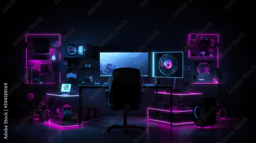 Generative Ai, a set up with multiple screens and a computer, illuminated by purple neon lights in a dark room.