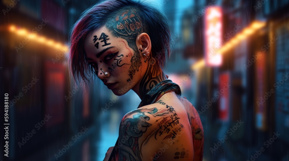 Generative Ai, young woman with a dangerous and intimidating appearance with tattoo
