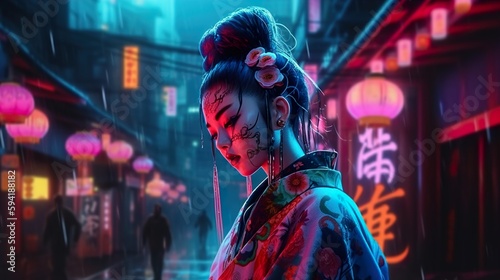 Generative Ai, woman dressed as a geisha in a cyberpunk-style Japanese street