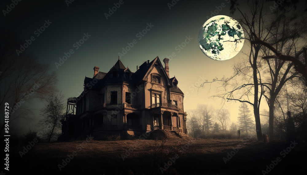 Spooky scene of haunted house and moon,generative ai Spooky scene of haunted house and moon,generative ai