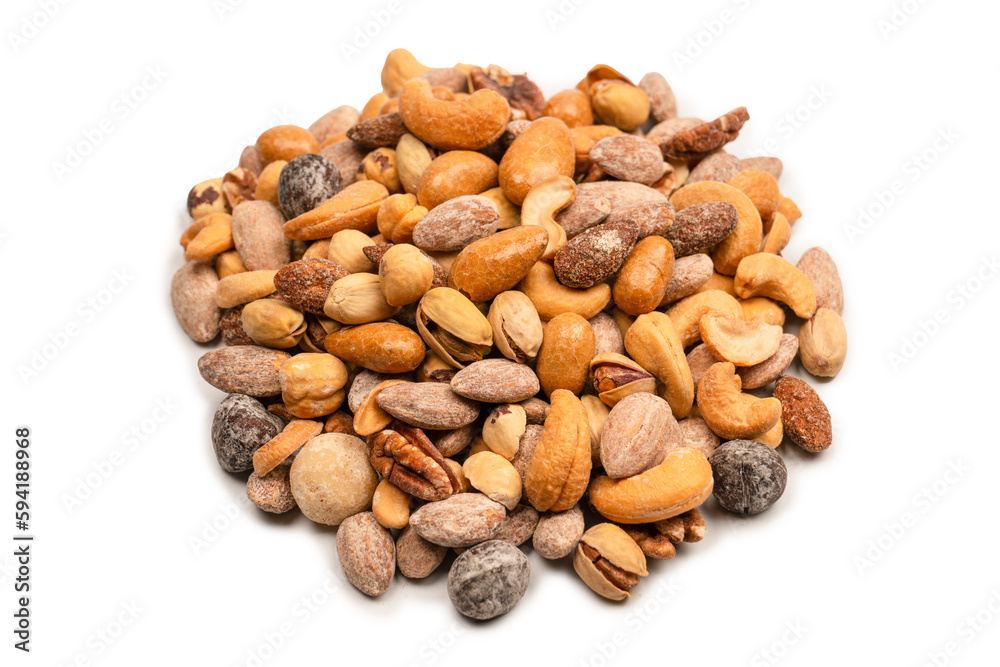 A group of almonds, pistachios, walnuts, macadamia, cashews.