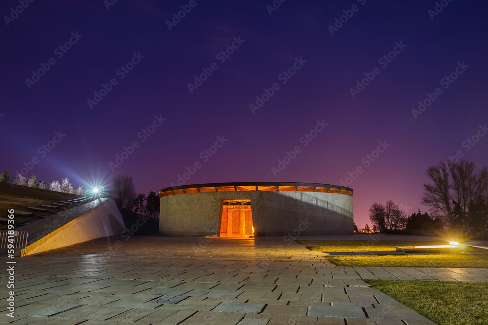 VOLGOGRAD, RUSSIA - MARCH 8, 2020: Exterior of the Hall of Military Glory after sunset. Mamaev Kurgan memorial complex in Volgograd, Russia.