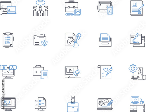 Research writing line icons collection. Investigate, Experiment, Analyze, Synthesize, Interpret, Collect, Evaluate vector and linear illustration. Formulate,Discover,Compose outline signs set