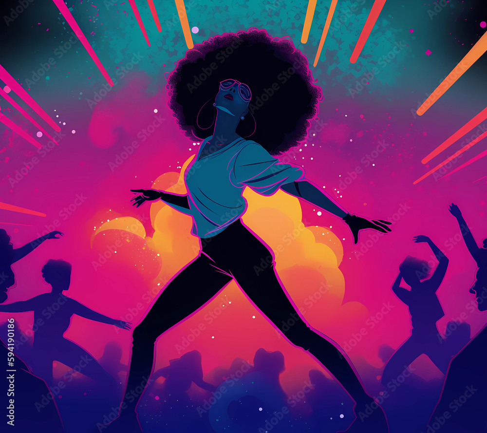 Cosmic Afro-Dance Party - Showcasing stylish movements of cyberpunk dancer in a colorful, retro 90's anime-inspired nightclub setting, with a minimalist zen brush art silhouette. By Generative AI