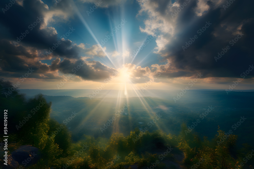 Aerial sunrise view over the Blue Ridge Mountains Sun with glow rays divine clouds. Generative AI. Aerial sunrise view over the Blue Ridge Mountains Sun with glow rays divine clouds. Generative AI.