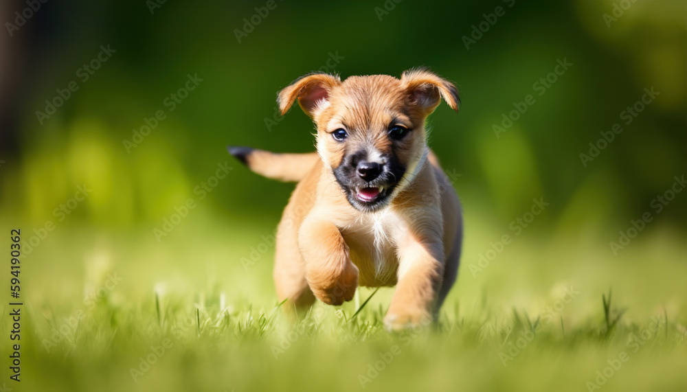 An adorable, happy puppy caught in motion while running on vibrant green grass in summer. ,generative ai An adorable, happy puppy caught in motion while running on vibrant green grass in summer. ,generative ai
