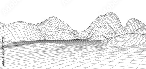 Digital wireframe landscape. Wireframe terrain polygon landscape design. Digital cyberspace in mountains with valleys. Vector illustration.
