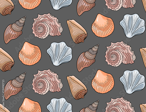 A seamless pattern of sea shells on a gray background.