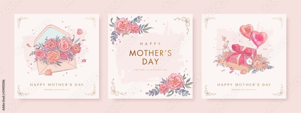 Mother's day greeting square background with hand drawn flowers, envelope and gift box. Vector illustration for poster, card, promotional materials, website