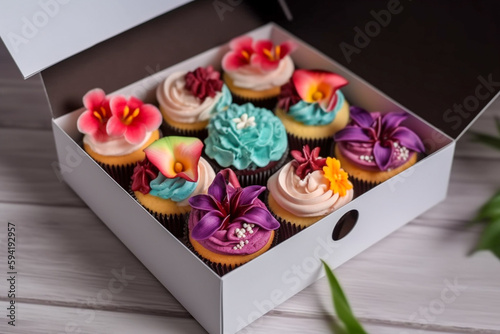 Tasty cupcakes in the box. Super photo realistic background, generative ai illustration