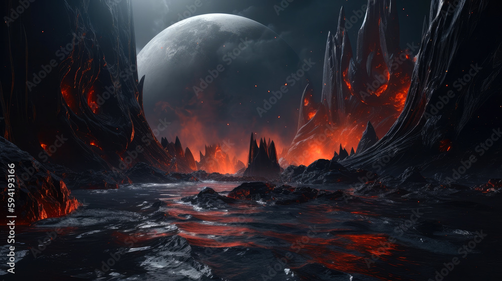 alien planet in the space with full of lava and fire , fantasy poster, sf theme, ai generative alien planet in the space with full of lava and fire , fantasy poster, sf theme, ai generative