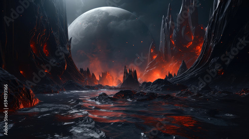 alien planet in the space with full of lava  and fire   fantasy poster  sf theme  ai generative