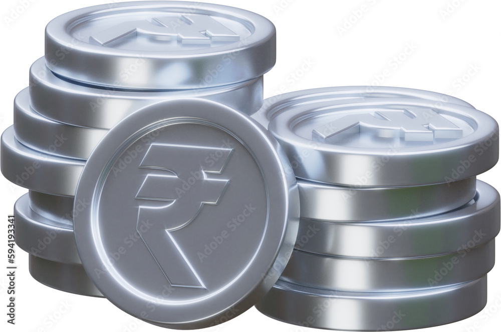 Stack of silver rupee coin currency market financial or investment money banking treasure wealth cash and silver rupee pile economy with business earnings profit sign. 3D render Stack of silver rupee coin currency market financial or investment money banking treasure wealth cash and silver rupee pile economy with business earnings profit sign. 3D render