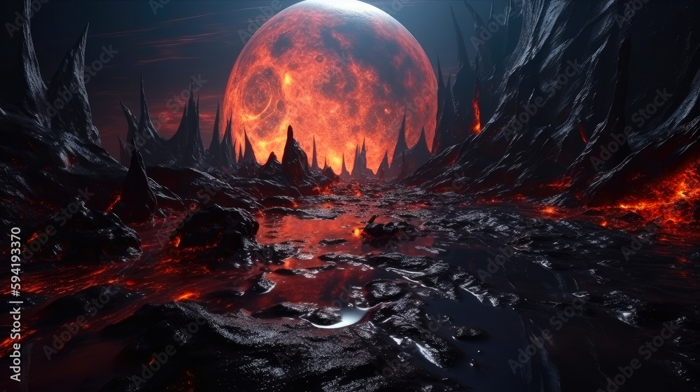 Fototapeta premium alien planet in the space with full of lava and fire , fantasy poster, sf theme, ai generative