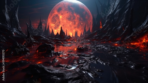 alien planet in the space with full of lava and fire , fantasy poster, sf theme, ai generative