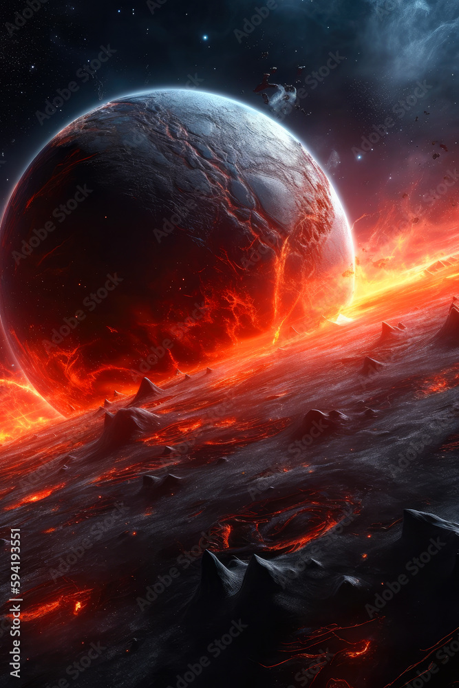 alien planet in the space with full of lava  and fire , fantasy poster, sf theme, ai generative