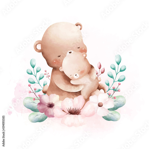 Watercolor illustration Cute mom and baby bear with flower wreath