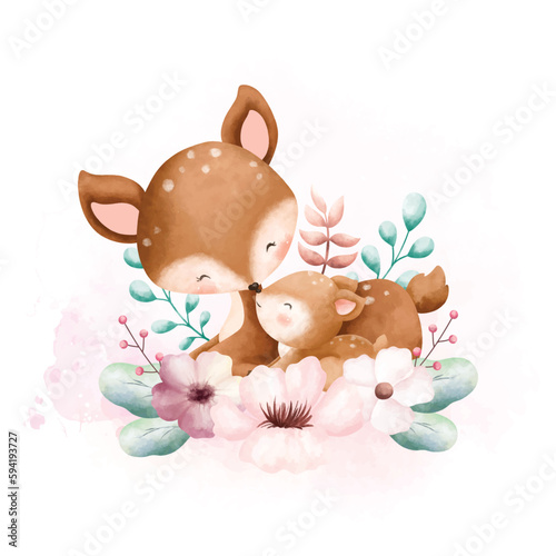 Watercolor illustration Cute mom and baby deer with flower wreath