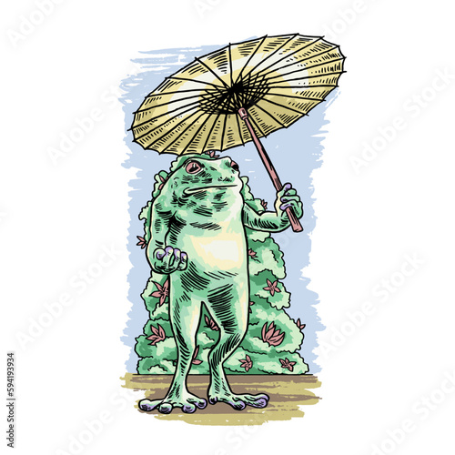 HAND DRAWN FROG UMBRELLA AMPHIBIAN ANIMAL CUTE FLOWER BUSH OUTDOORS PRETTY SWEET VINTAGE TSHIRT TEE PRINT FOR APPAREL MERCHANDISE