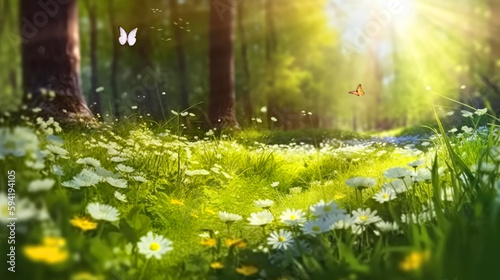Forest glade with lots of white spring flowers and butterflies on a sunny day, ai generative
