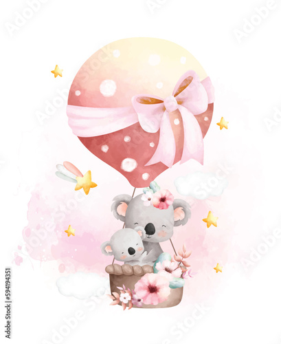 Watercolor illustration Cute mom and baby koala in hot air balloon