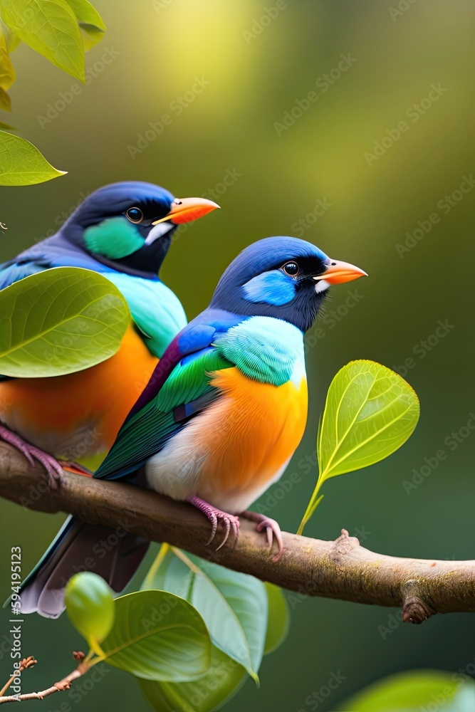two birds sitting on a branch with green leaf