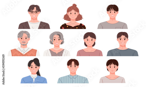 A set of upper body profiles of Asian people of different ages and genders. People vector illustration.
