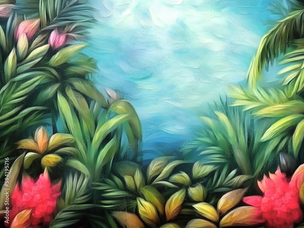 Obraz premium Beautiful nature floral tropical background painting on paper canvas. Generative AI