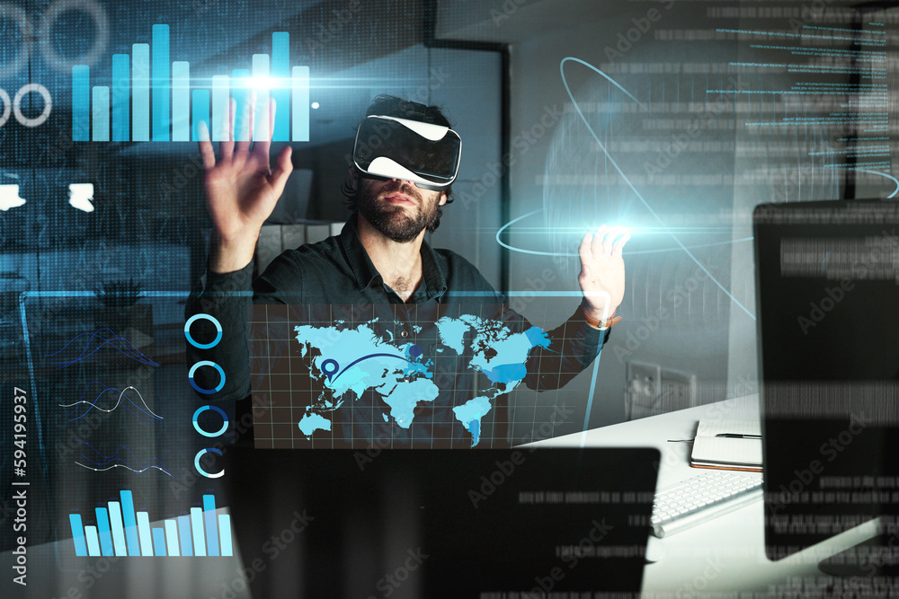 Virtual reality, business man and touch graphs, statistics or data ...