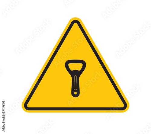 Vector yellow triangle sign - black silhouette beer opener. Isolated on white background.
