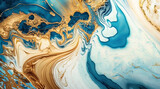 Texture imitating blue painting with running golden details. Abstract swirling marble paint wallpaper. Generative Ai