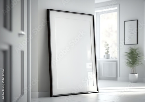 White frame placed in a bright interior mockup. Generative Ai