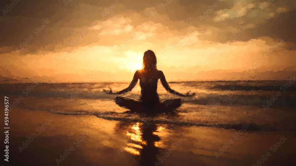 Woman practicing yoga on the beach at sunset. generative ai.