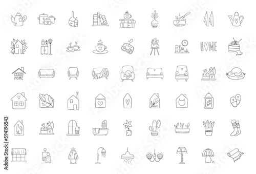 Cozy home outline icons big vector bundle, furniture, lamp, cactus, window, house plants, kitchenware and decoration isolated clip arts, domestic life line hand drawn symbols collection
